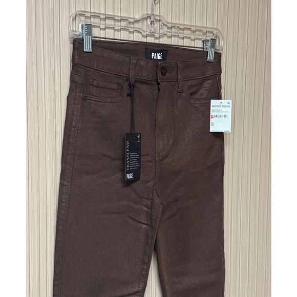 PAIGE Claudine Bronze Shimmer Luxe Coating Ankle Flare Jeans Size 26 - Picture 4 of 16